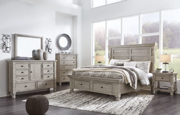 Harrastone - Gray - California King Panel Bed - 6 Pc. - Dresser, Mirror, Chest, Cal King Bed