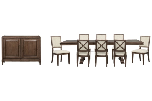 Jubilee - Extendable Trestle Dining Table With 8 Side Chairs And Bar Cabinet - Brown / White