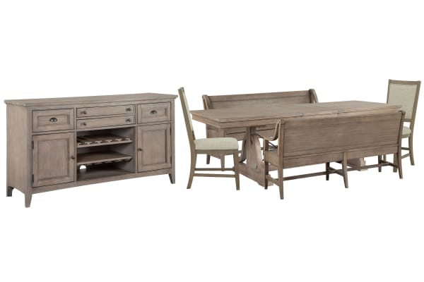 Paxton Place - Extendable Trestle Dining Table With 2 Benches, 2 Upholstered Side Chairs And Buffet - Dovetail Gray