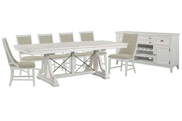 Heron Cove - Extendable Trestle Dining Table With 4 Upholstered Side Chairs, 2 Host Chairs And Buffet - Chalk White And Dovetail Gray