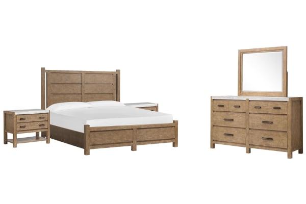 Plum Creek - King Panel Bed, 2 Open Nightstands And Drawer Dresser With Landscape Mirror - Sierra Brown