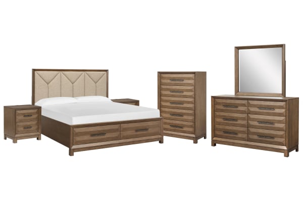 Callisto - King Upholstered Panel Storage Bed, 2 Nightstands, Drawer Dresser With Landscape Mirror And Drawer Chest - Bourbon Brown