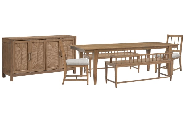 Lindon - Extendable Rectangular Dining Table With 2 Arm Benches, 2 Side Chairs And Buffet - Belgian Wheat / Gray