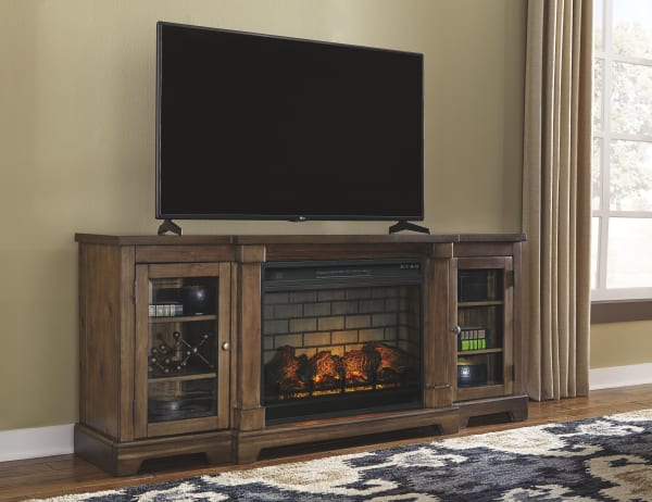 Flynnter - Medium Brown - 2 Pc. - 75" Tv Stand With Electric Infrared Fireplace Insert