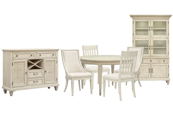 Newport - Extendable Round Dining Table With 2 Side Chairs, 2 Arm Chairs, Server And Dining Cabinet - Alabaster