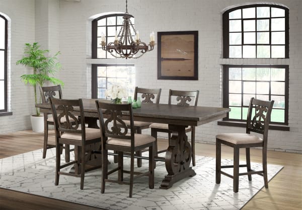 Stone - Counter Height 9 Piece Dining Set, Table & Eight Swirl Back Chairs - Smokey Walnut