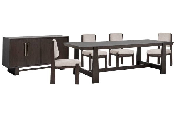 Tauren - Trestle Dining Table With 4 Upholstered Side Chairs And Buffet - Coffee Bean / Beige