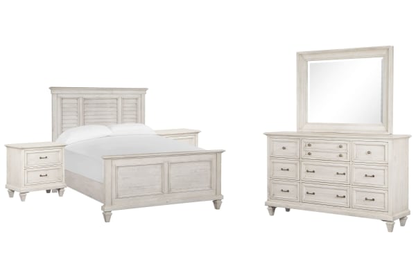Newport - King Shutter Panel Bed, 2 Nightstands And Drawer Dresser With Landscape Mirror - Alabaster