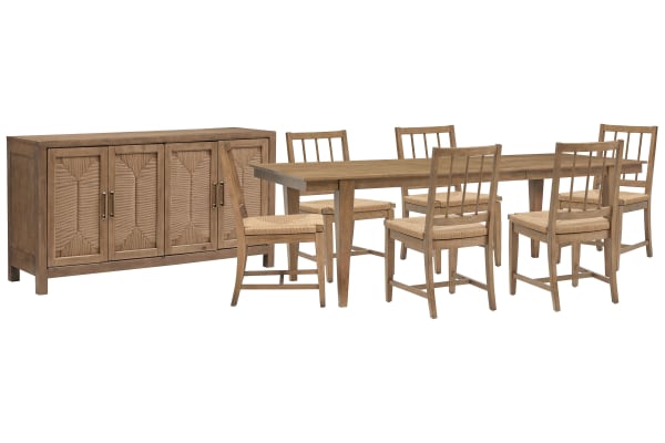 Lindon - Extendable Rectangular Dining Table With 6 Paper Cord Side Chairs And Buffet - Belgian Wheat