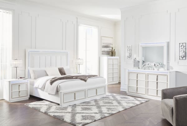 Chalanna - White - 8 Pc. - Dresser, Mirror, Chest, California King Upholstered Storage Bed, 2 Nightstands