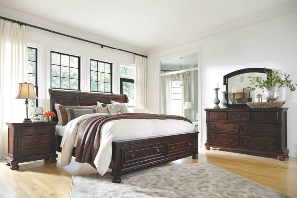 Porter - Rustic Brown - 6 Pc. - Dresser, Mirror, King Sleigh Bed With 2 Storage Drawers, Nightstand