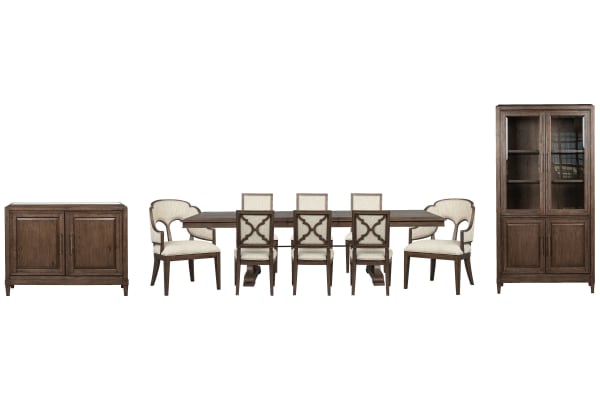 Jubilee - Extendable Trestle Dining Table With 6 Side Chairs, 2 Arm Chairs, Bar Cabinet And Display Cabinet - Brown / White