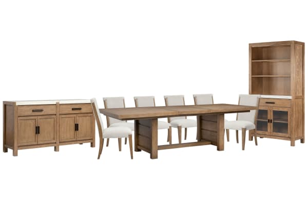 Plum Creek - Extendable Trestle Dining Table With 6 Upholstered Side Chairs, Server And Display Cabinet - Sierra Brown