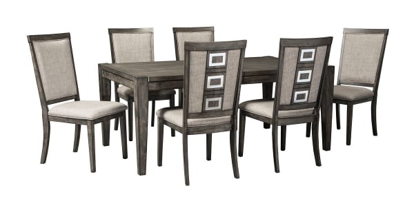 Chadoni - Gray - 7 Pc. - Rectangular Dining Room Extension Table, 6 Upholstered Side Chairs