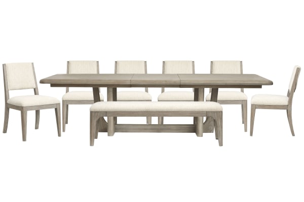 Braelyn - Extendable Trestle Dining Table With 6 Side Chairs And Bench - Dorian Gray / Beige