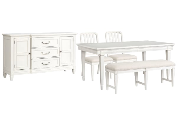 Willowbrook - Extendable Rectangular Dining Table With 2 Side Chairs, Upholstered Bench And Buffet - Egg Shell White