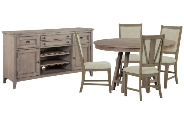 Paxton Place - 52" Round Dining Table With 4 Step Upholstered Side Chairs And Buffet - Dovetail Gray