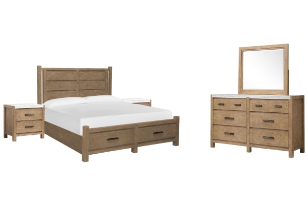 Plum Creek - California King Panel Storage Bed, 2 Nightstands And Drawer Dresser With Landscape Mirror - Sierra Brown