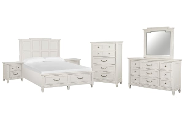Willowbrook - California King Panel Storage Bed, 2 Nightstands, Drawer Dresser With Landscape Mirror And Drawer Chest - Egg Shell White