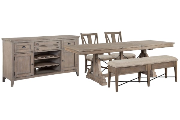 Paxton Place - Extendable Trestle Dining Table With 2 Side Chairs, Upholstered Bench And Buffet - Dovetail Gray