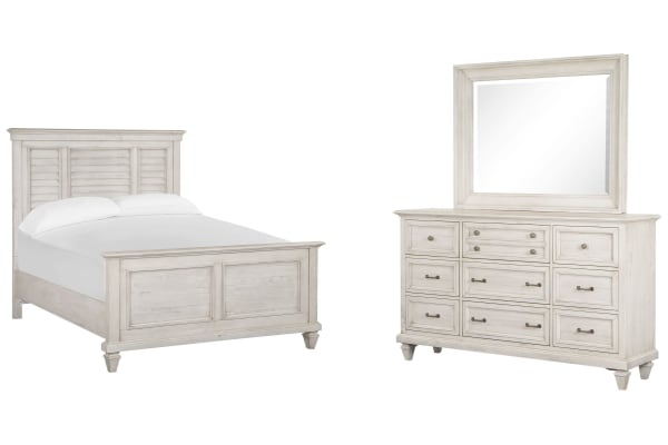 Newport - California King Shutter Panel Bed And Drawer Dresser With Landscape Mirror - Alabaster