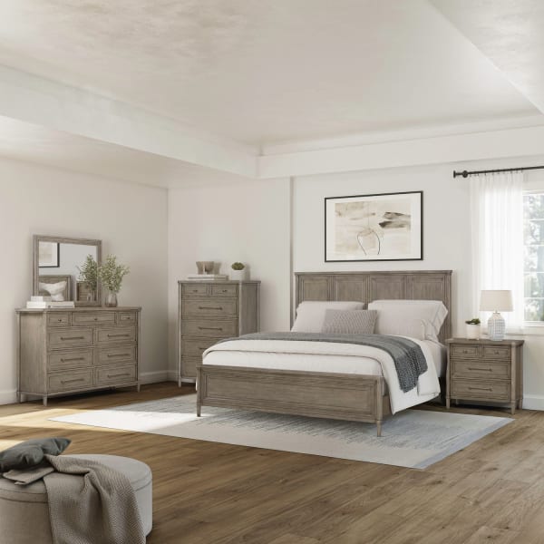 Rochelle Park - 5 Piece Bedroom Set (King Panel Bed, Dresser & Mirror, Chest, Night Stand) - Smokey Taupe