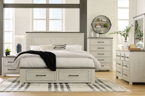 Brewgan - Antique White - 8 Pc. - Dresser, Mirror, Chest, California King Panel Storage Bed, 2 Nightstands
