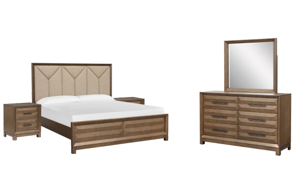 Callisto - King Upholstered Panel Bed, 2 Nightstands And Drawer Dresser With Landscape Mirror - Bourbon Brown