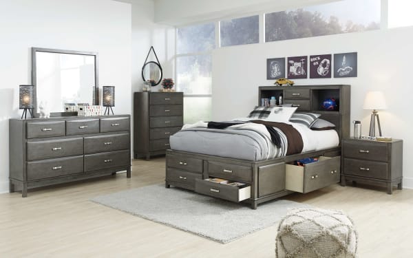 Caitbrook - Gray - 6 Pc. - Dresser, Mirror, Chest, Full Storage Bed