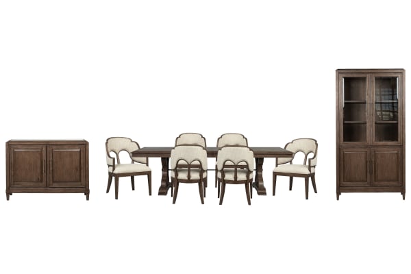 Jubilee - Extendable Trestle Dining Table With 6 Arm Chairs, Bar Cabinet And Display Cabinet - Brown / White