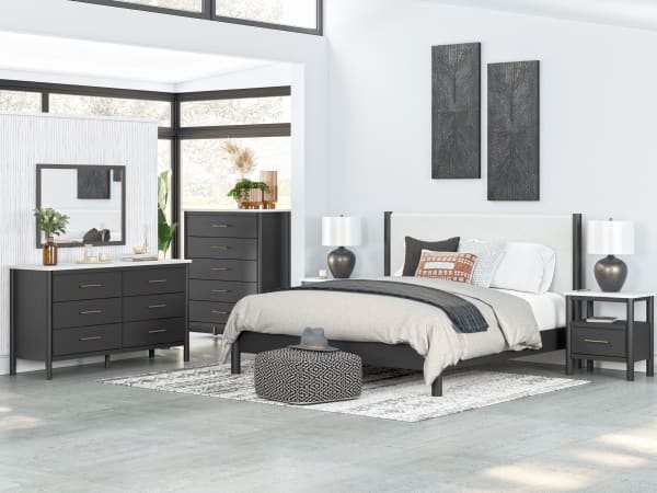Cadmori - Black / White - 6 Pc. - Dresser, Mirror, Chest, King Upholstered Panel Bed