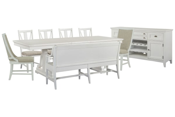 Heron Cove - Extendable Trestle Dining Table With 4 Side Chairs, 2 Host Chairs, Bench And Buffet - Chalk White And Dovetail Gray