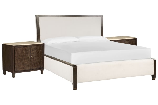 Rowan - Queen Upholstered Panel Bed With 2 Door Nightstands - Espresso / Beige