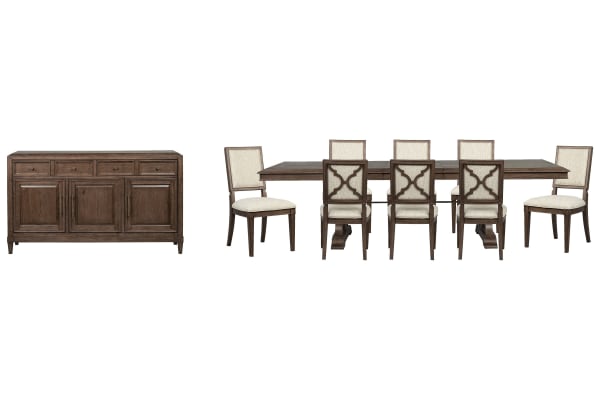 Jubilee - Extendable Trestle Dining Table With 8 Side Chairs And Sideboard - Brown / White