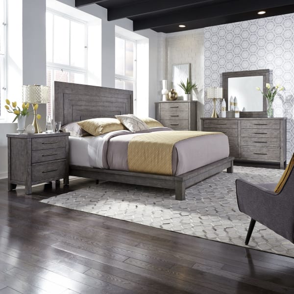 Modern Farmhouse - 5 Piece Bedroom Set (California King Platform Bed, Dresser & Mirror, Chest, Nightstand) - Gray