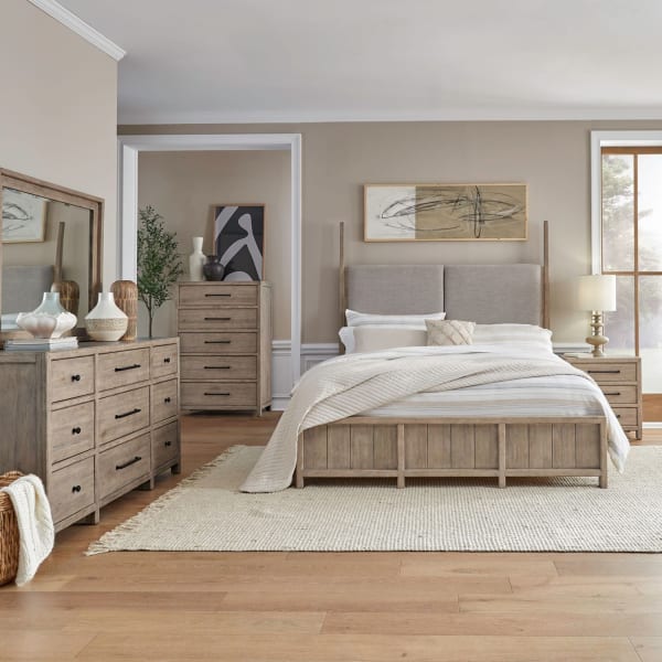 Proximity Place - 5 Piece Bedroom Set (King Poster Bed, Dresser & Mirror, Chest, Night Stand) - Brown