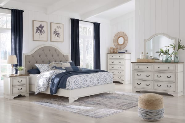 Brollyn - White / Brown / Beige - 7 Pc. - Dresser, Mirror, Chest, California King Upholstered Panel Bed, 2 Nightstands