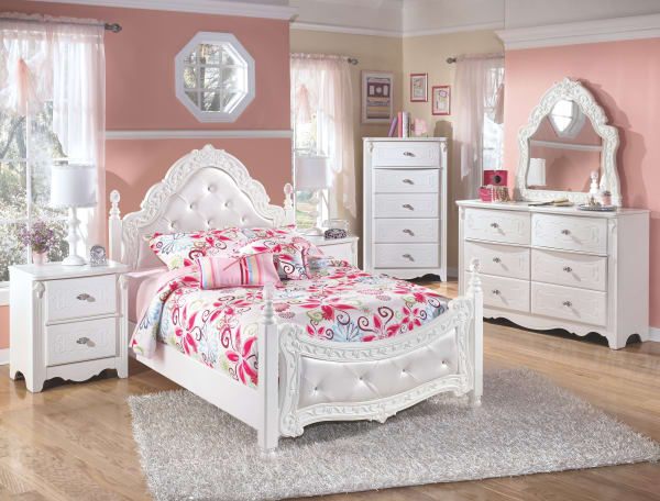 Exquisite - White - 4 Pc. - Dresser, French Style Mirror, Full Poster Bed