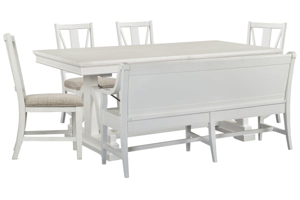 Heron Cove - Extendable Trestle Dining Table With 4 Side Chairs And Bench - Chalk White And Dovetail Gray