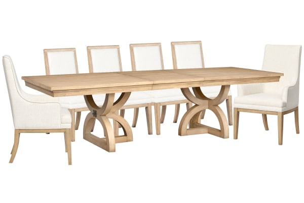 Coventry - Extendable Trestle Dining Table With 4 Upholstered Side Chairs And 2 Host Chairs - Honey Maple / White