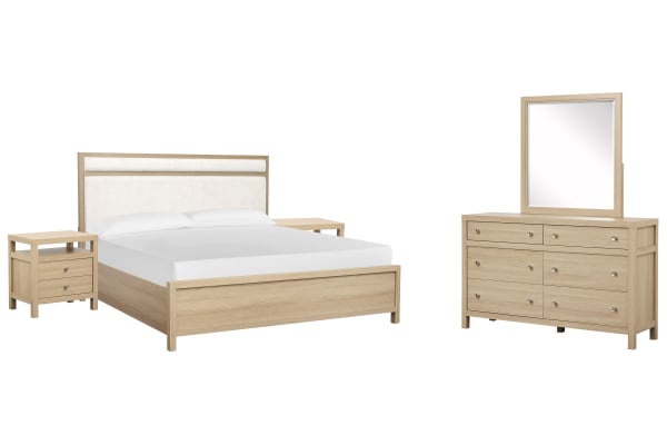 Merrifield - King Upholstered Panel Bed, 2 Nightstands And Drawer Dresser With Portrait Mirror - Sandstone Beige