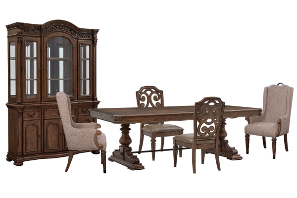 Durango - Extendable Trestle Dining Table With 2 Side Chairs, 2 Host Chairs, Buffet And Hutch - Willadeene Brown / Gray