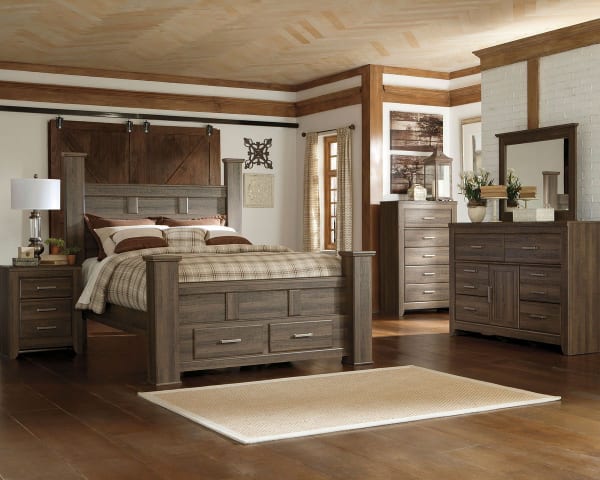 Juararo - Dark Brown - 7 Pc. - Dresser, Mirror, Chest & Queen Poster Bed with 2 Storage Drawers