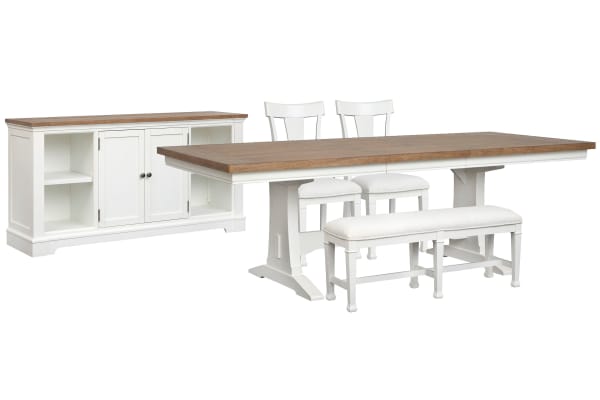 Kingston - Extendable Trestle Dining Table With 2 Side Chairs, Bench And Credenza - Whisper White And Cerused Nutmeg