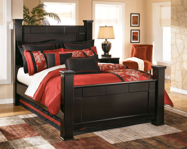 Shay - Almost Black - 5 Pc. - Queen Poster Bed, Nightstand