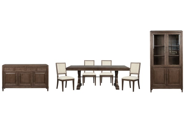Jubilee - Extendable Trestle Dining Table With 4 Side Chairs, Sideboard And Display Cabinet - Brown / White