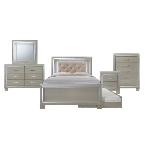 Platinum - Youth Full Platform With Trundle 5 Piece Bedroom Set - Сhampagne