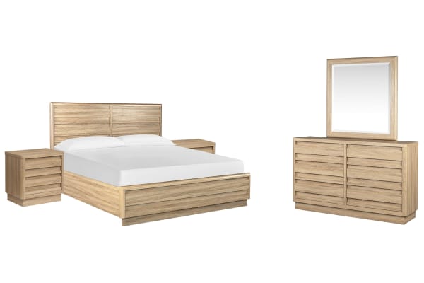 Brentwood Heights - King Panel Bed, 2 Nightstands And Double Drawer Dresser With Portrait Mirror - Provincial Brown