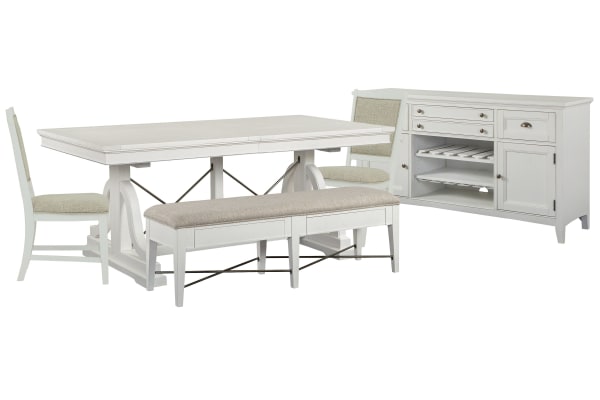 Heron Cove - Extendable Trestle Dining Table With 2 Upholstered Side Chairs, Upholstered Bench And Buffet - Chalk White And Dovetail Gray