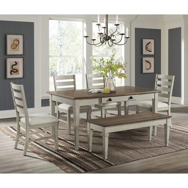 Farmington - 6 Piece Standard Height Dining Set (Rectangular Table, Four Chairs & Storage Bench) - Medium Brown And Washed Stone